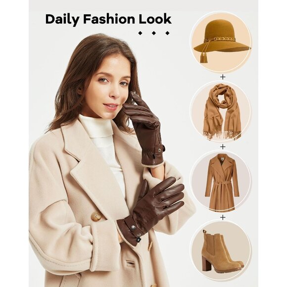 Women's Brown Super Soft Warm Cashmere Lining Genuine Sheepskin Leather Gloves - Picture 5 of 7